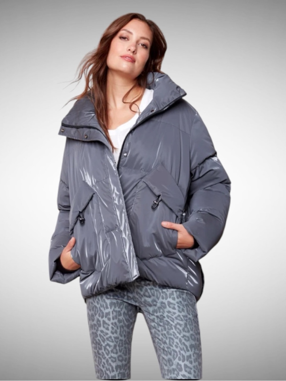 Glossy Slate Puffer Jacket - Women's Coat